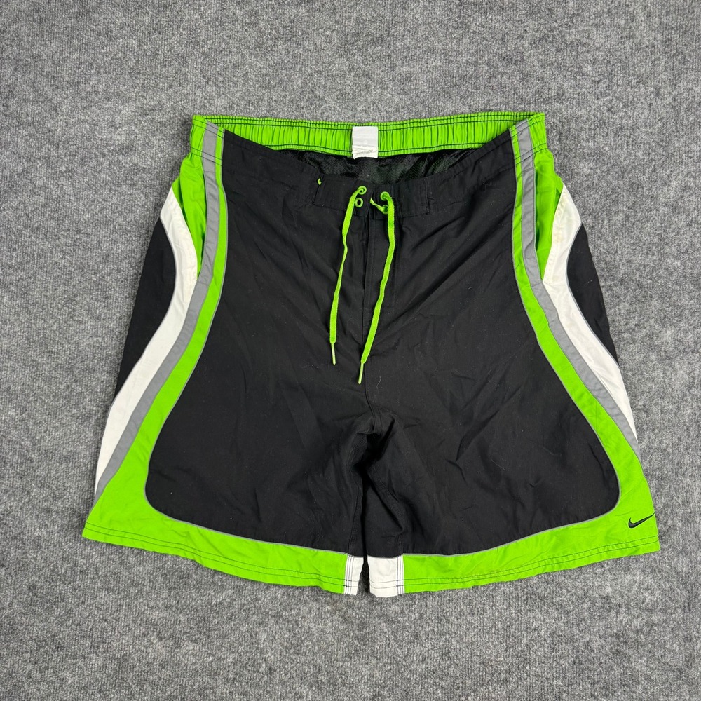 Nike Board Shorts Mens Size XL Black Lime Green Athletic Swim Trunks Mesh Lined